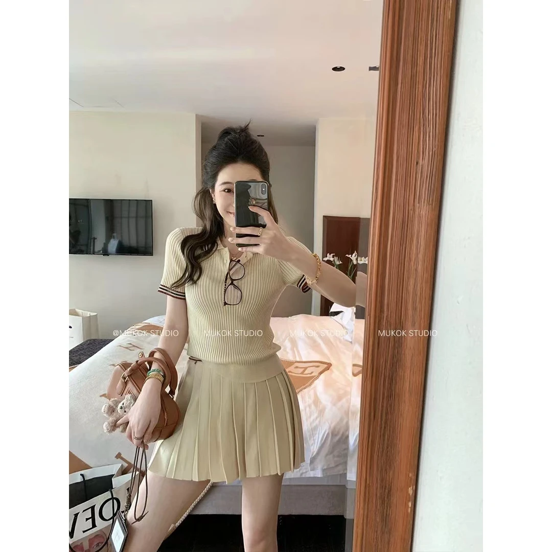 学院风撞色短袖针织上衣短裙两件套装夏季新款时尚显瘦减龄潮女