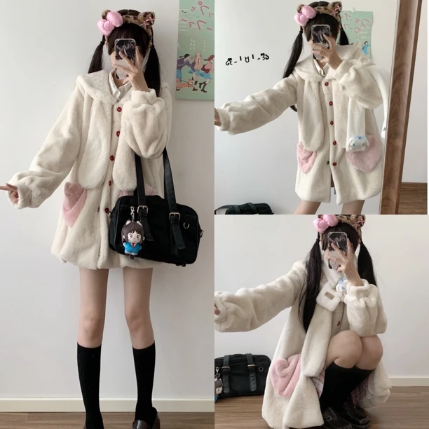 川岛琦毛绒兔耳朵女加绒加厚可爱防寒棉服冬慵懒仿兔毛绒外套