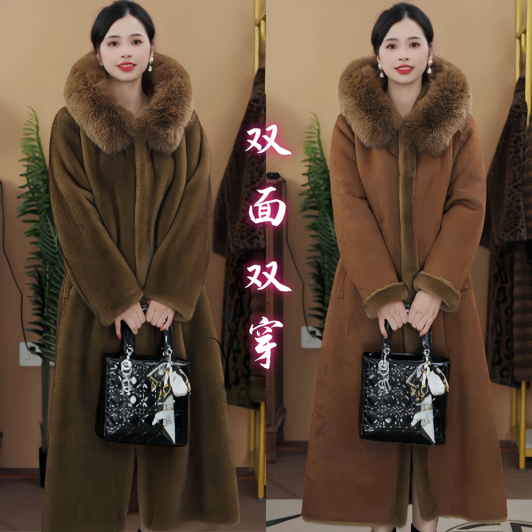 【月莲轻奢】9136  冬季时尚轻奢显瘦双面穿大毛领保暖中长款外套