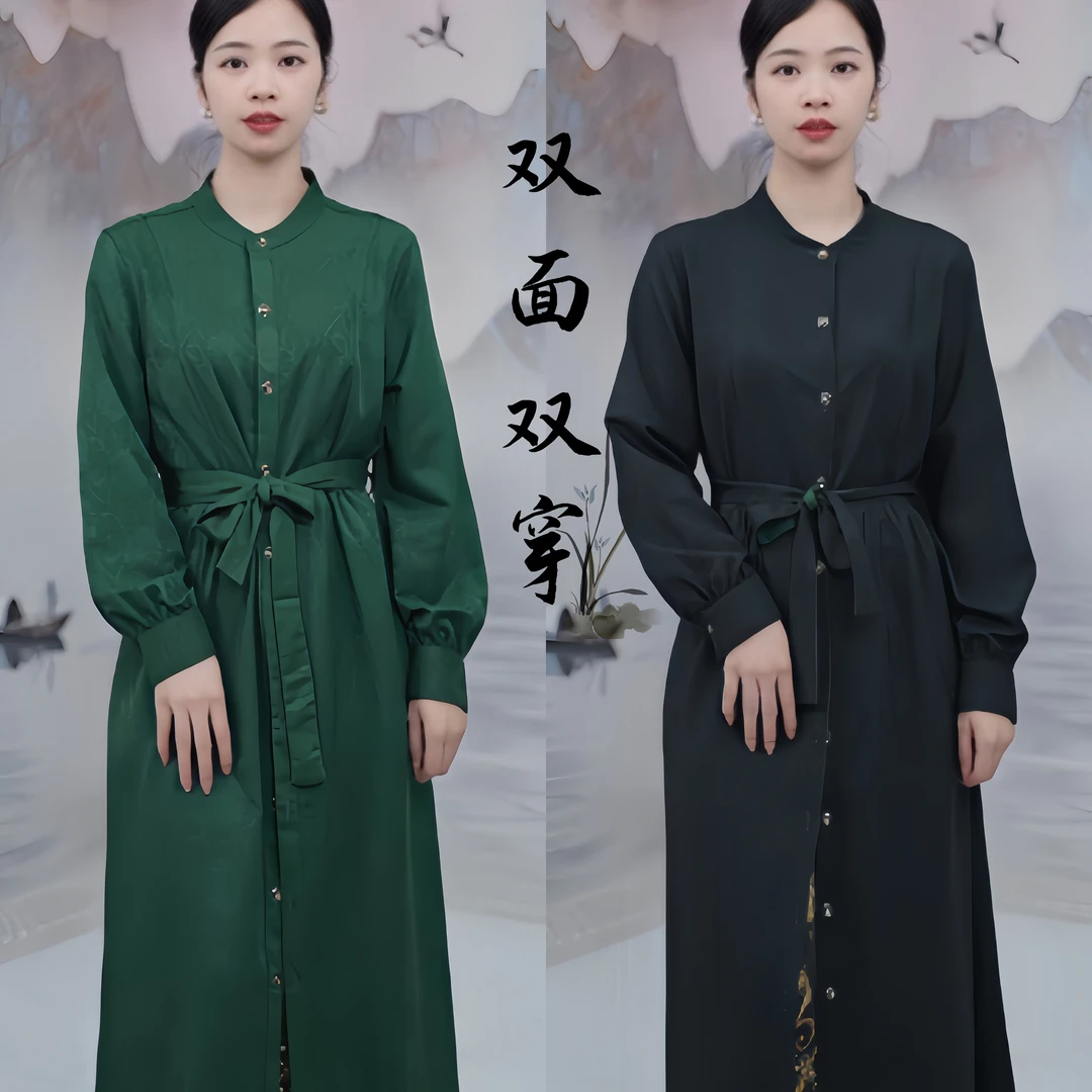 2459 国风款暗纹提花气质排扣外套纯色长袖新中式女装连衣裙