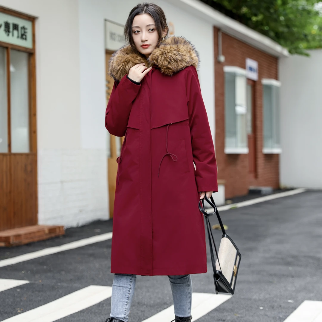 9562 冬季连帽大毛领可拆卸内胆女士时尚保暖中长款外套