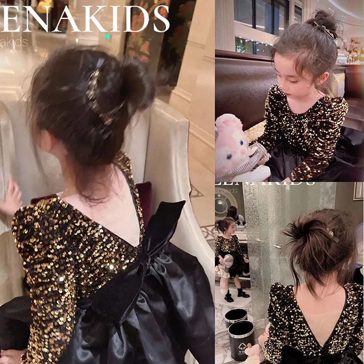 女童轻奢礼服裙大蝴蝶结秋冬装高端生日裙女宝闪闪亮片泡泡袖纱裙