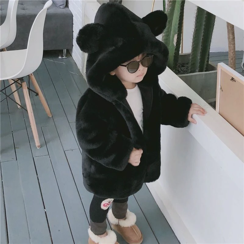 男童皮草儿童外套仿皮新款女童宝宝秋冬保暖加厚连帽棉衣中长款