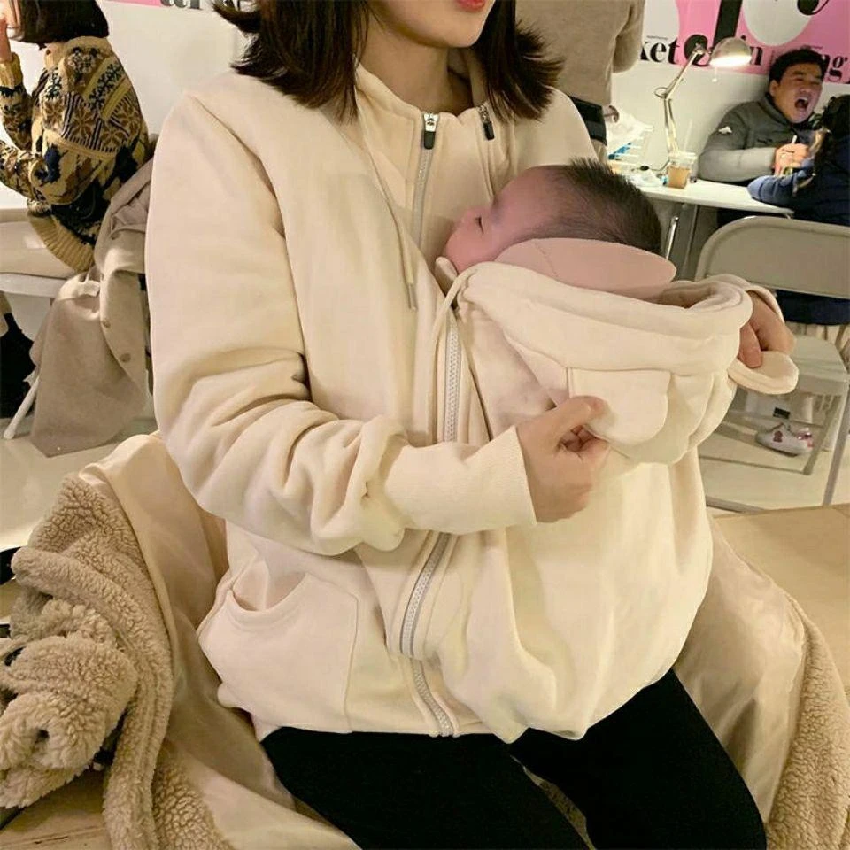 特大码胖mm2-300斤袋鼠妈妈母子连体衣婴儿宝宝加绒哺乳卫衣外套