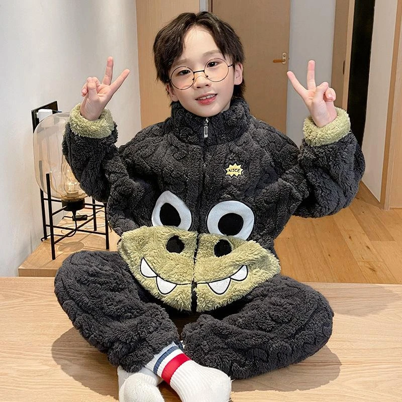 冬季加绒加厚睡衣男童拉链珊瑚绒新款加厚儿童男法兰绒家居服套装