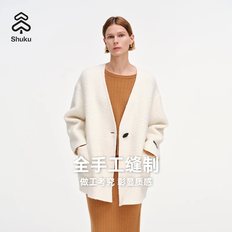 舒库毛呢大衣2024秋季新款羊毛混纺中长款V领宽松外套时尚百搭