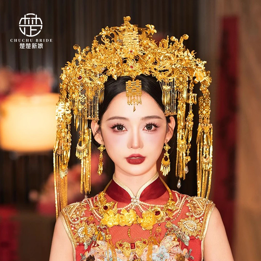 金色凤冠头饰红金色秀禾服饰品大气龙凤褂后汉服造型饰品双喜半冠