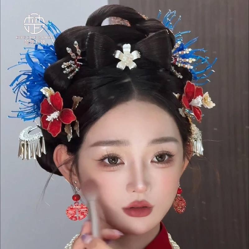 新中式国风头饰2024新款蓝色彼岸花发簪结婚敬酒服旗袍饰品汉服