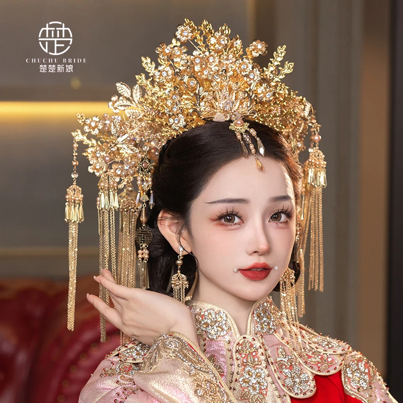 全金色大凤冠汉服大冠长流苏整冠古典婚礼秀禾服龙凤褂精致饰品女