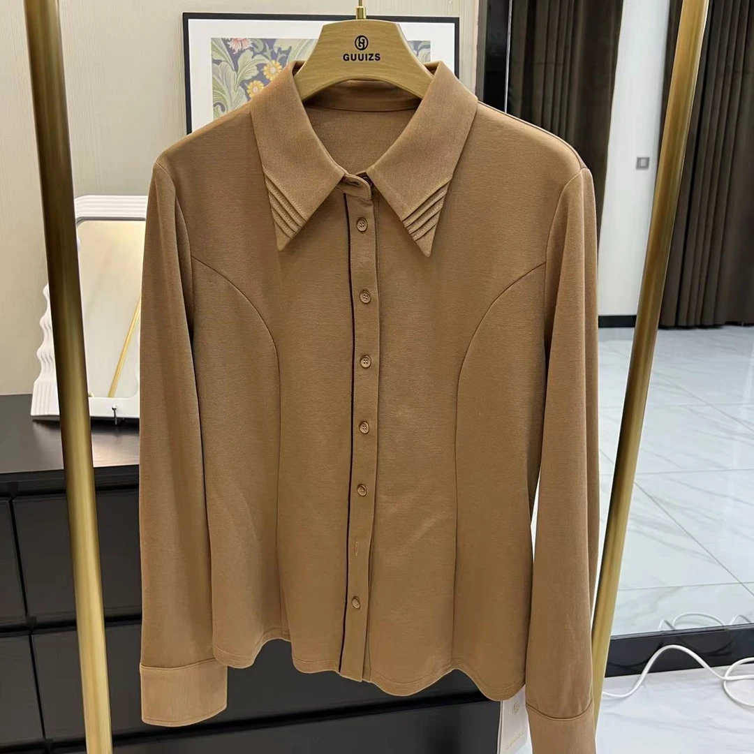衬衫气质时尚轻奢翻领百搭长袖卡其女士简约秋冬衬衣