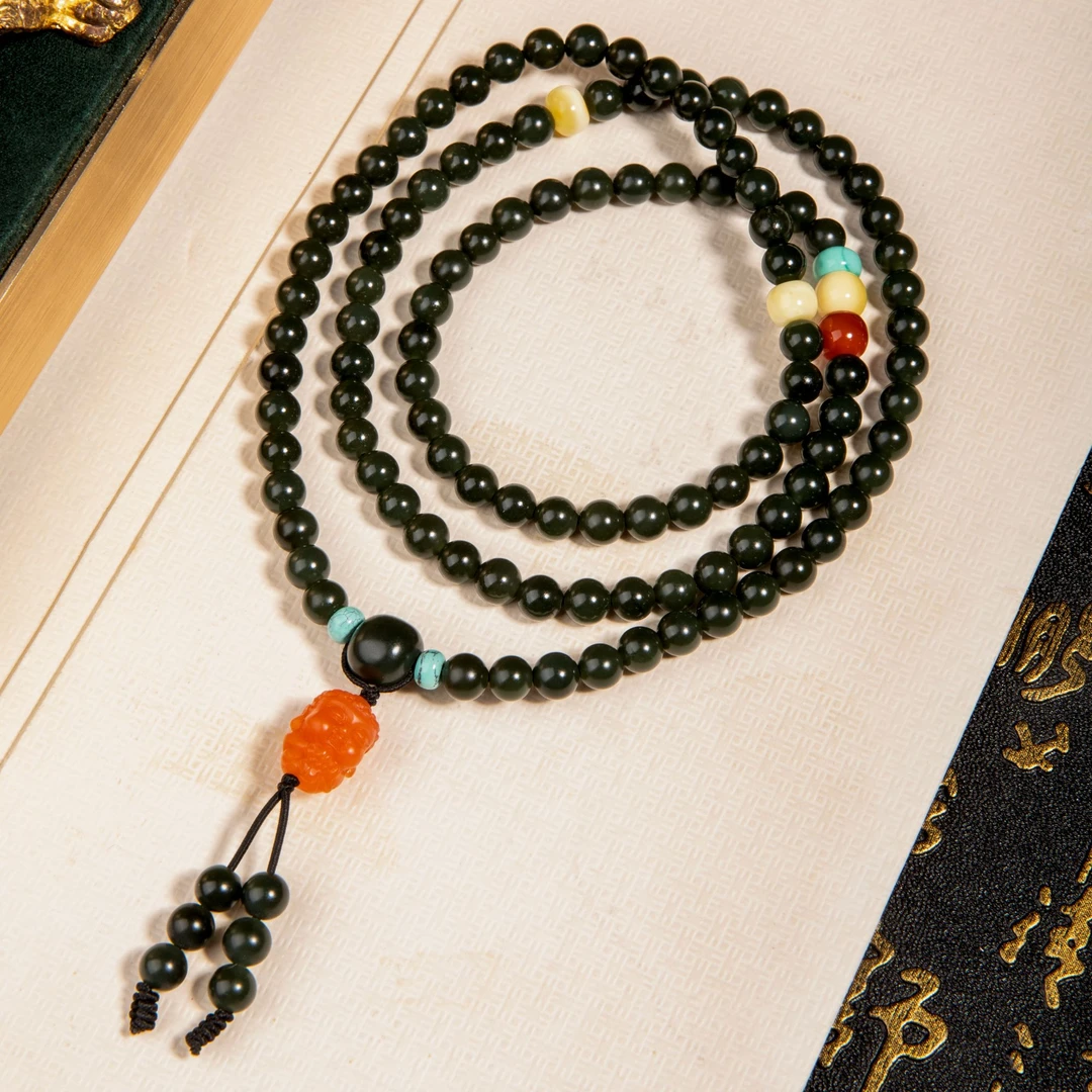 员格格【孤品】和田玉塔青108多圈手串/GG081801