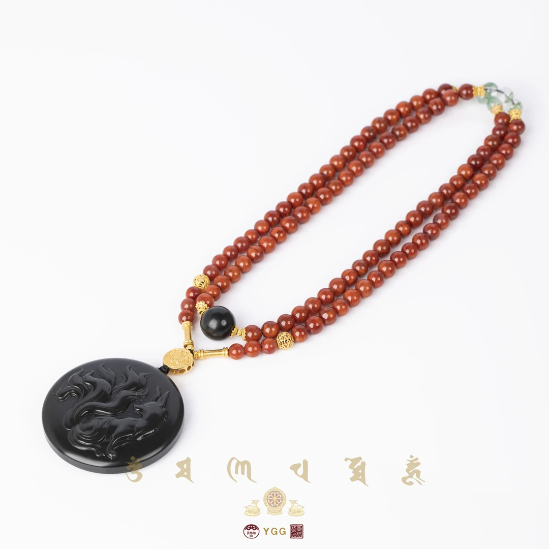 员格格JGG2565/18K金/和田玉塔青凤九项链/南红