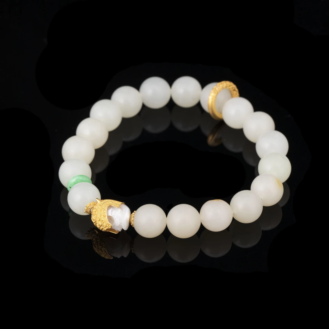 LQTT04/18K金/和田玉白玉手串/珍珠大将军