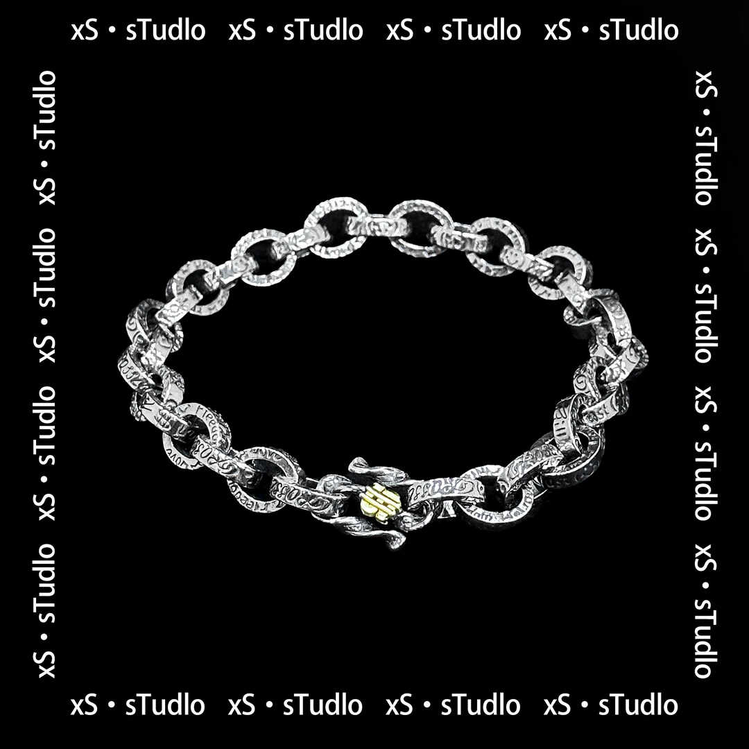 925银手链 【涂鸦手链】潮牌纯银做旧朋克个性美金嘻哈狂野潮男手链