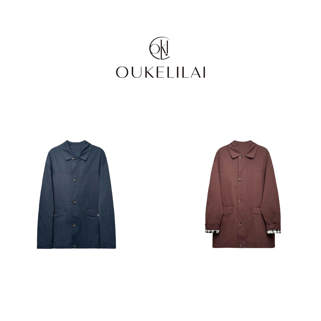 5088   艾米--【日韩系风衣】复古韩系袖口拼接格子中长款风衣