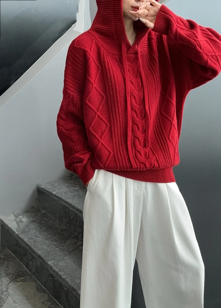 9820 艾米--【BC恋人】时尚百搭连帽秋冬慵懒风针织连帽毛衣