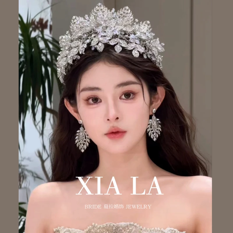 夏拉新款重工超闪立体花朵新娘皇冠奢华婚纱婚礼跟妆头饰耳饰套装