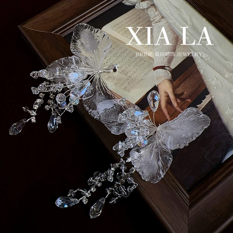 非金属仿水晶耳饰 创意甜美清新透明花瓣流苏水晶新娘耳饰耳夹