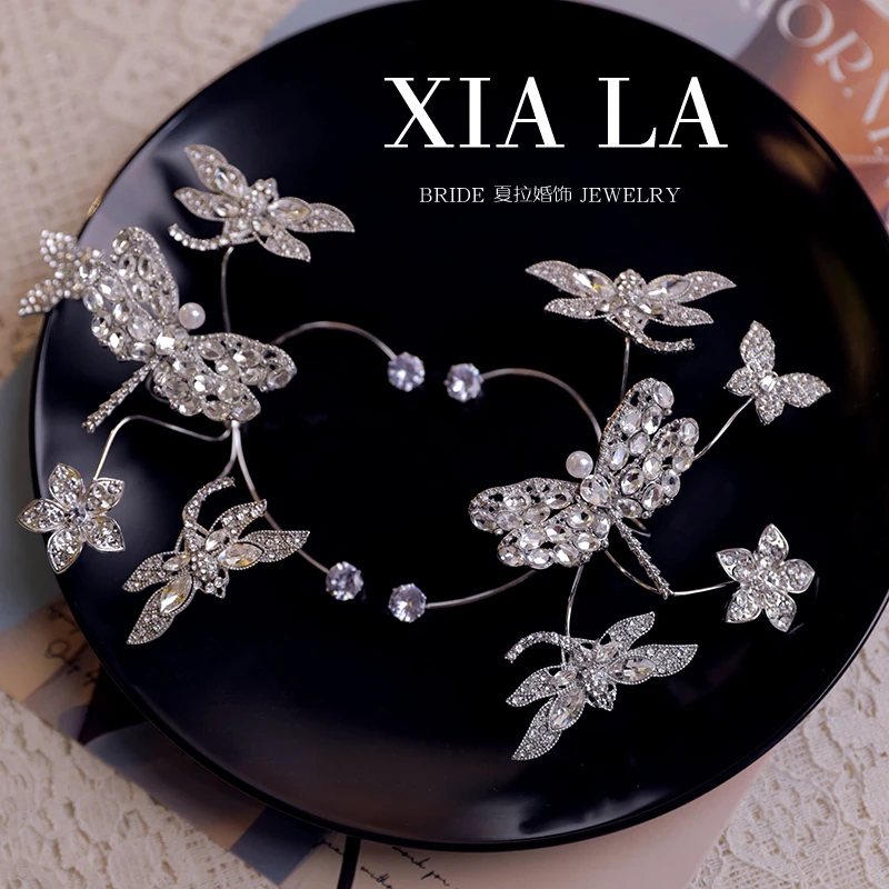 合金仿珍珠耳饰 闪钻蝴蝶蜻蜓精灵梦幻新娘耳饰婚纱耳挂无耳洞