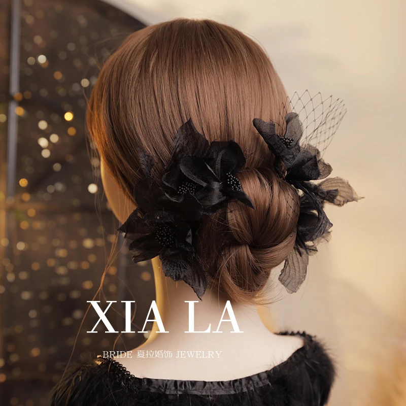 夏拉原创手工款黑色烫花网纱头花法式复古新娘头饰黑礼服发夹套装