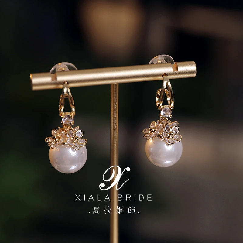 合金仿珍珠耳饰 闪钻小花朵吊坠耳钉新娘耳环婚纱耳饰日常耳钩仙