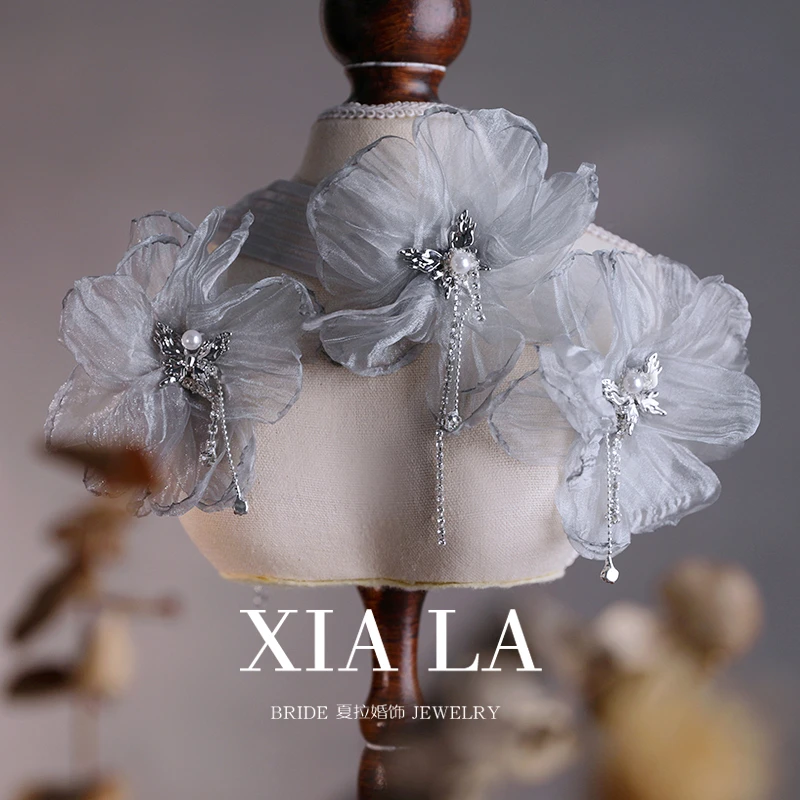 合金布艺项链 原创清冷灰蓝纱花朵金属蝴蝶流苏颈链新娘项链