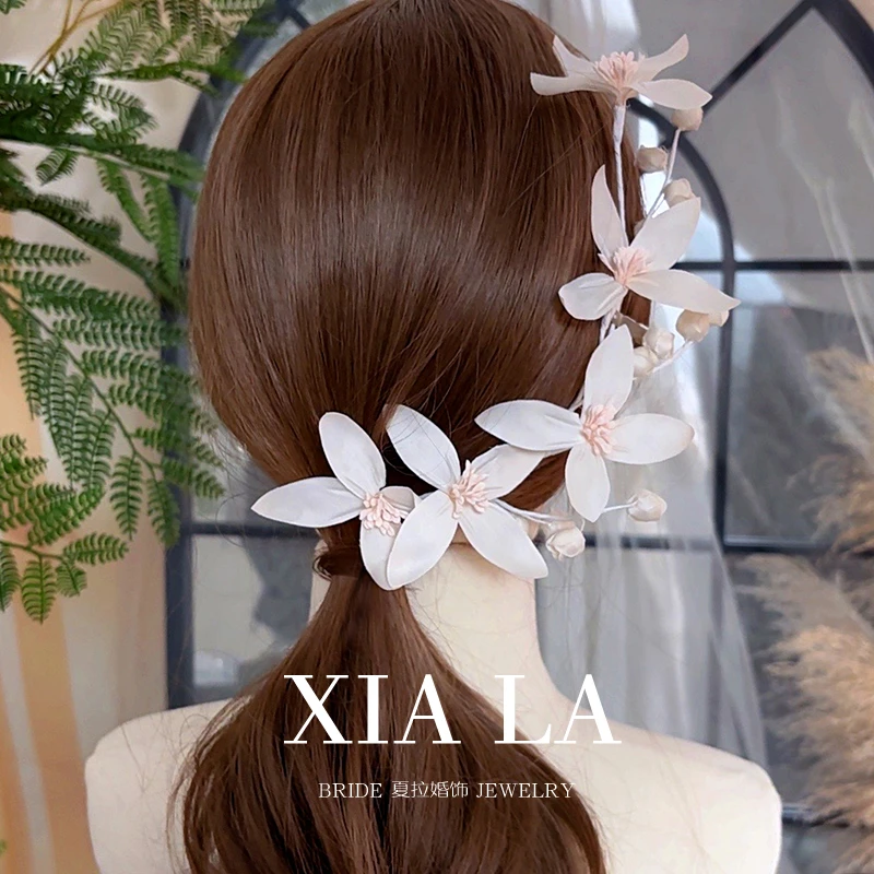 S032夏拉手工仙气花枝新娘头饰婚纱韩式盘发花瓣外景白纱发饰额饰