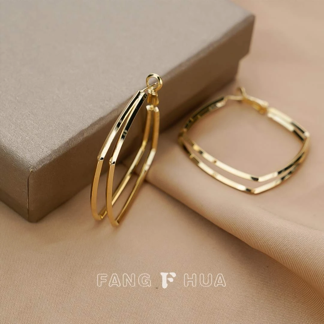 唯你饰图 铜合金耳饰 双层几何方形耳饰耳圈高级感大气