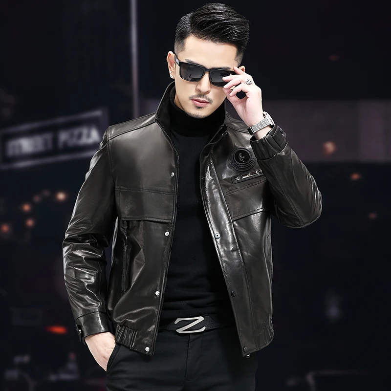 山羊皮真皮羽绒服男短款秋冬季保暖亮皮立领休闲海宁真皮皮衣男