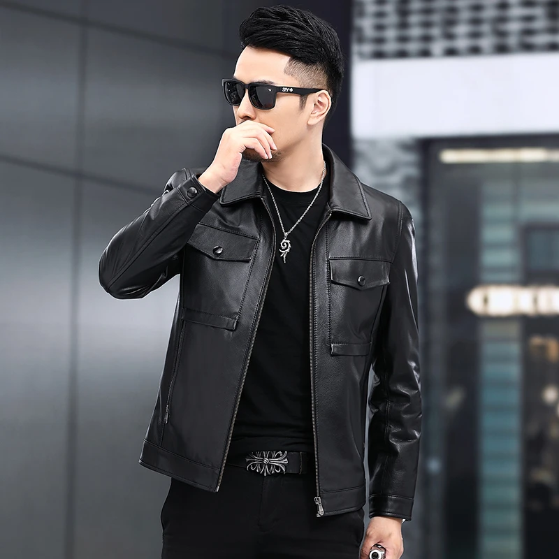 真皮皮衣男短款头层小牛皮2024新款商务春秋季机车服翻领夹克外套