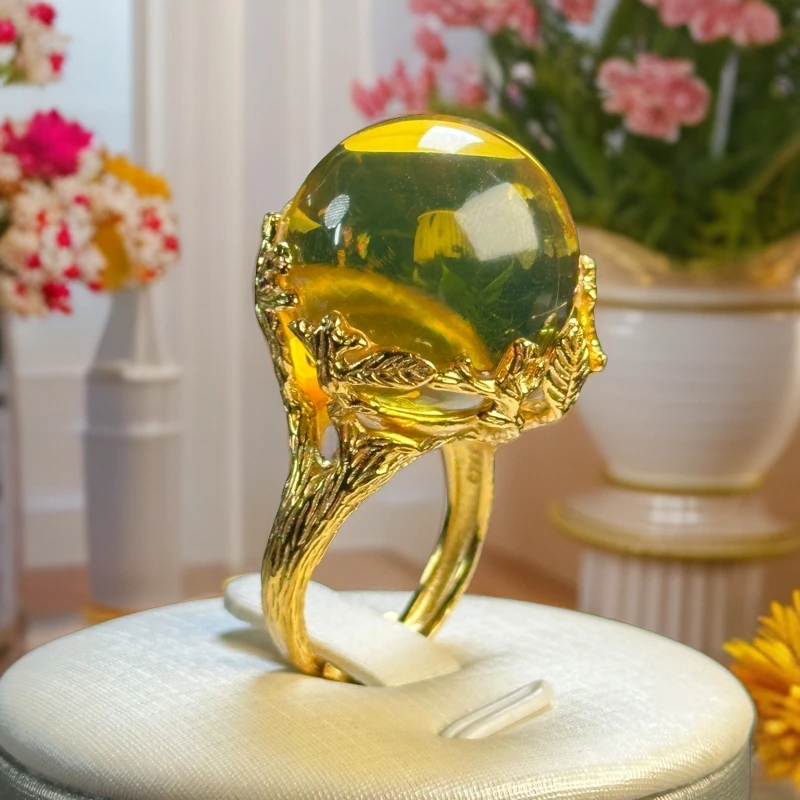 小东珠宝-20+墨西哥3A净水蓝珀圆珠菩提花戒指气质时尚百搭可调节