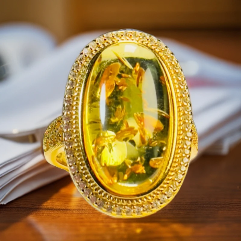 小东珠宝-俄罗斯花珀戒指时尚气质轻奢精致经典可调节复古镶嵌