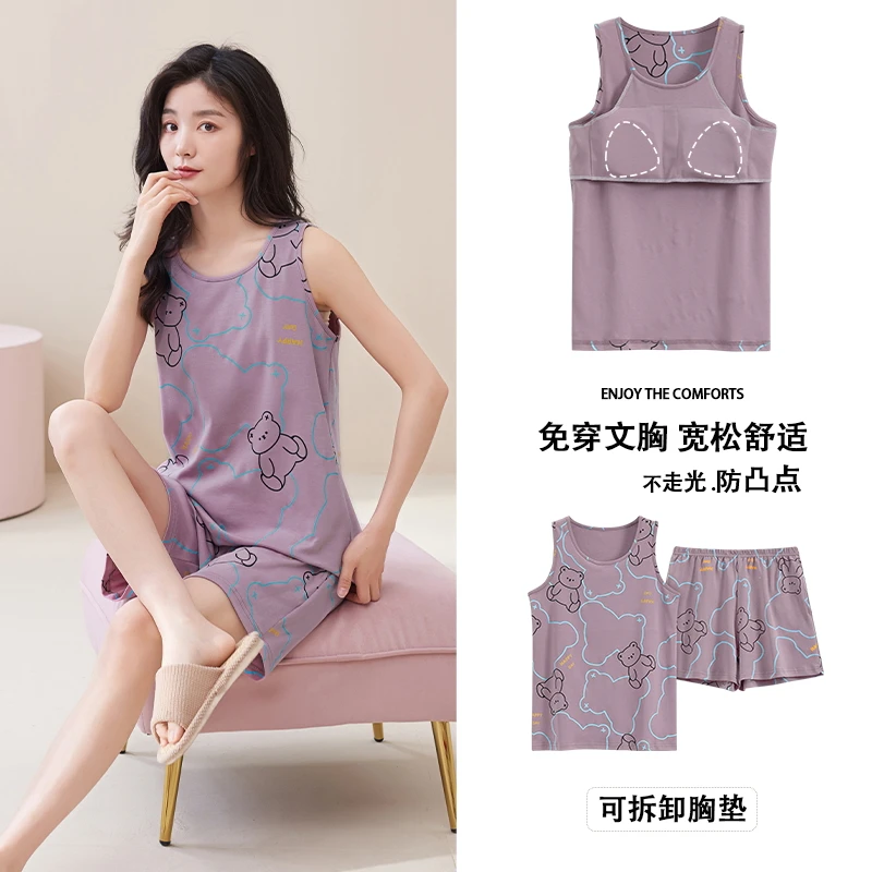 100%全棉睡衣女款夏季夏天自带胸垫一体背心无袖纯棉家居服防凸点