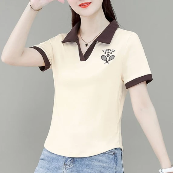 时尚Polo翻领t恤女夏季2024新款修身减龄短袖白色体桖女装上衣潮