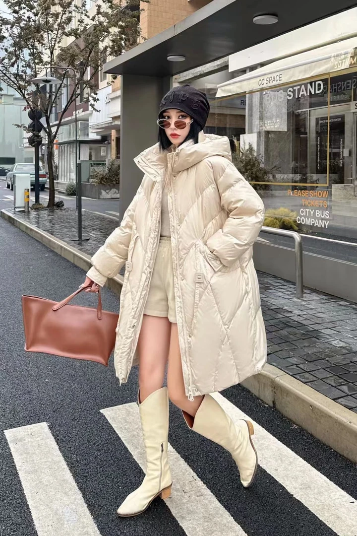 休闲连帽中长款大码羽绒服女款加厚保暖外套冬季W822百搭宽松