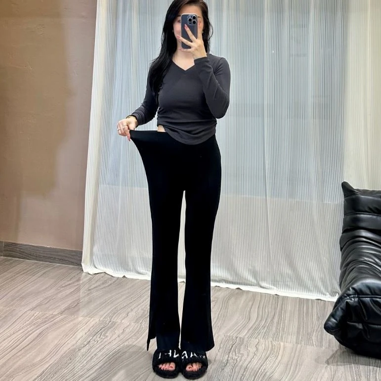 【视频高弹开叉裤】秋冬修身显瘦百搭高弹高腰黑色微喇叭开叉裤5