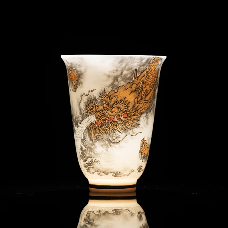 羊脂玉陶瓷金龙赐福主人杯龙纹喝茶杯中式茶杯家用品茗杯高档茶杯
