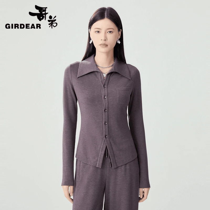 GIRDEAR/哥弟新款气质时尚精致显瘦V领莫代尔亲肤感衬衫女1301041