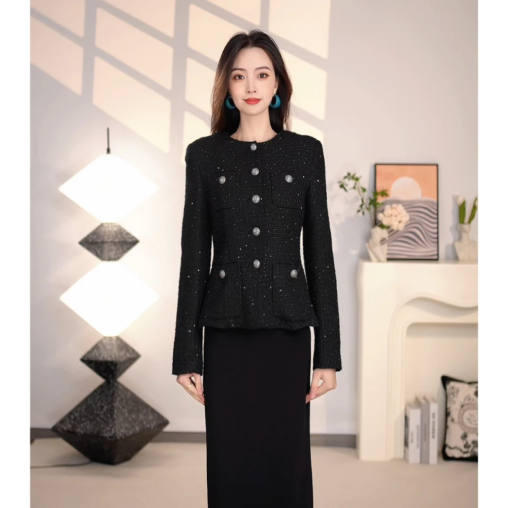 哥弟新款女装气质百搭圆领单排扣质感百搭花呢小香风外套1400722