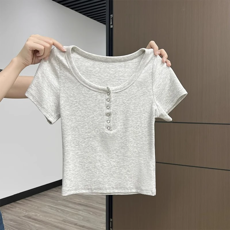 纯欲白花灰百搭显瘦小个子短款上衣夏季简约休闲半开领短袖T恤女