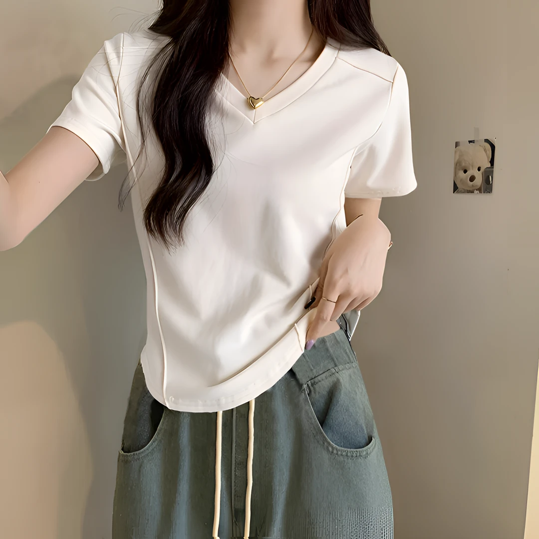 v领鱼骨线短袖t恤女装夏季新款不规则正肩小众遮肚正肩辣妹上衣短