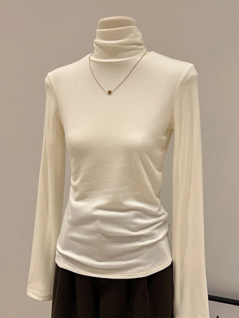 杏色设计感保暖加厚长袖打底衫高领T恤秋冬季内搭堆堆领女款上衣