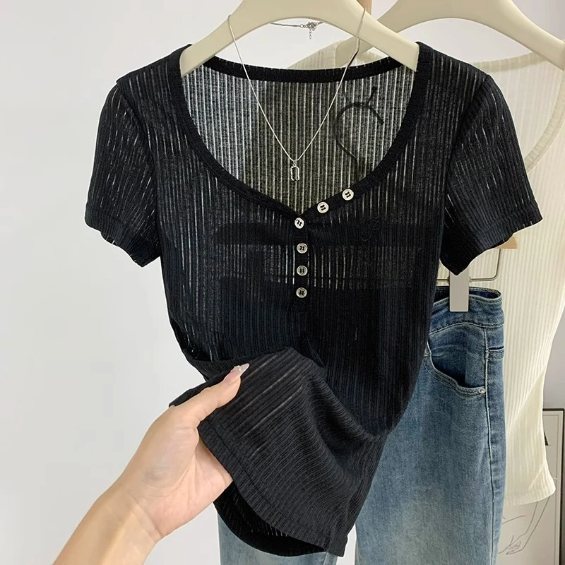 法式纯色夏季轻薄微透甜辣妹半开领上衣漏锁骨正肩短袖收腰T恤女