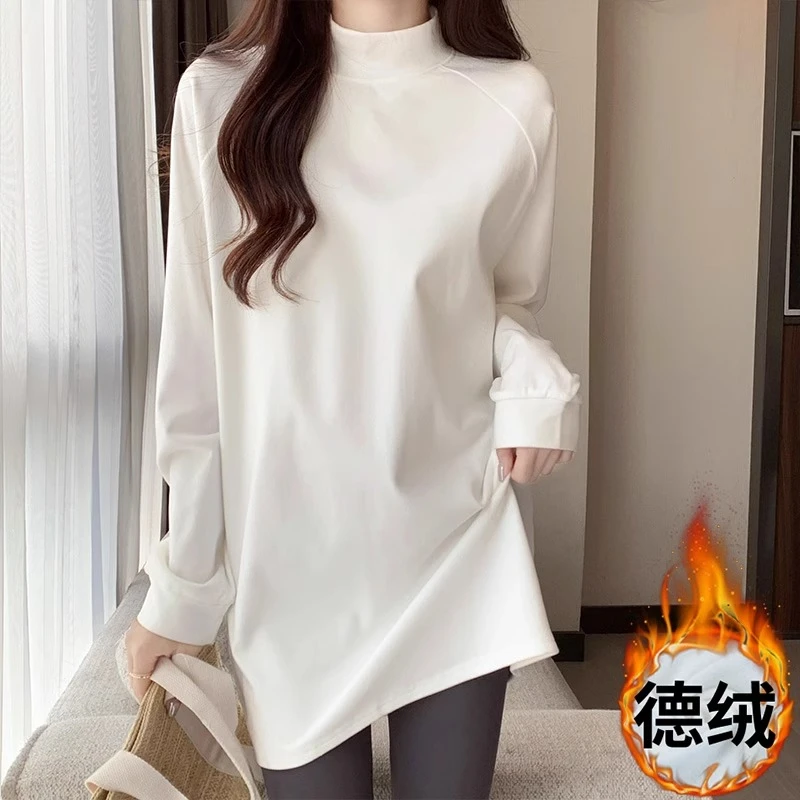 德绒半高领长袖T恤女秋冬加厚白色内搭中长款洋气遮臀打底衫上衣
