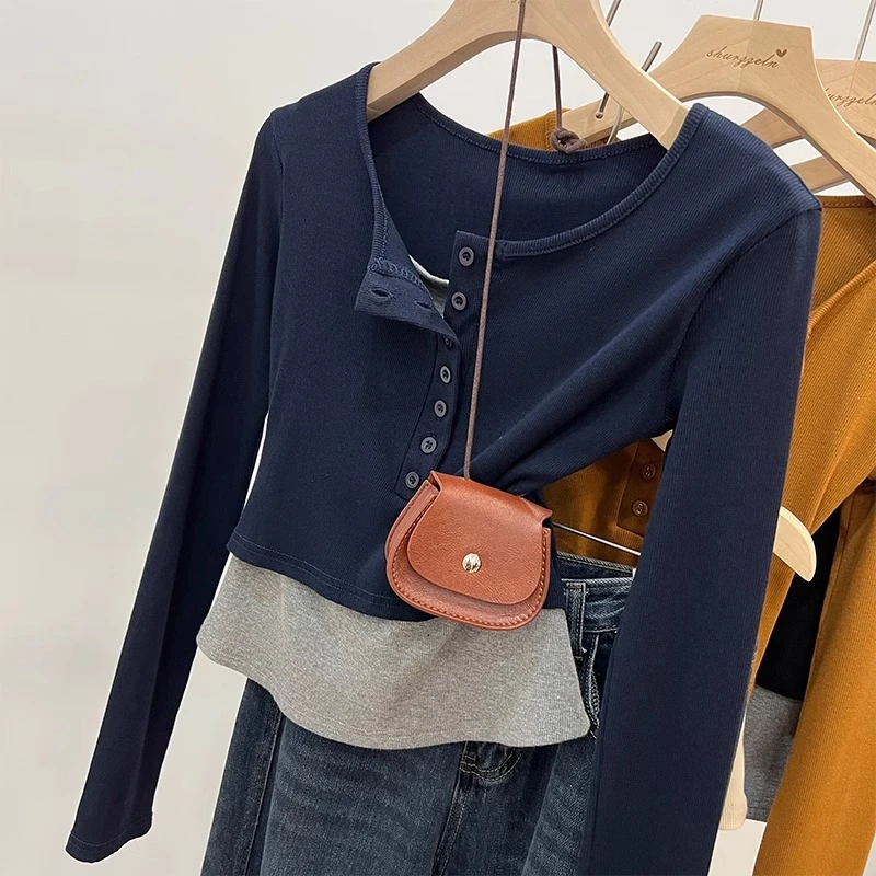 橘色拼接假两件半开领纽扣长袖T恤女秋季短款修身返潮复古上衣女