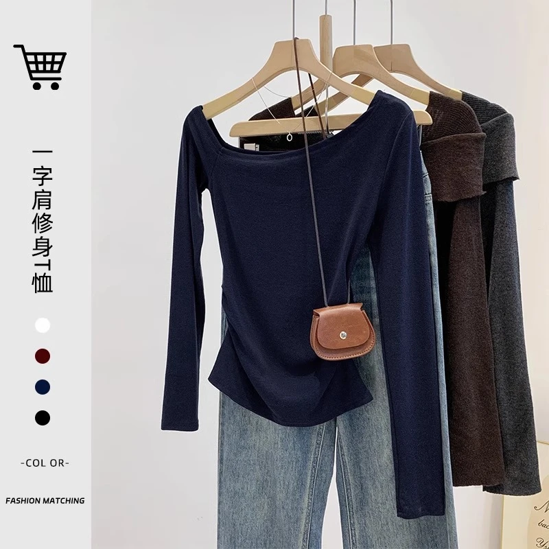 藏蓝色一字露肩显瘦设计感长袖T恤秋季时尚修身显瘦打底衫上衣女