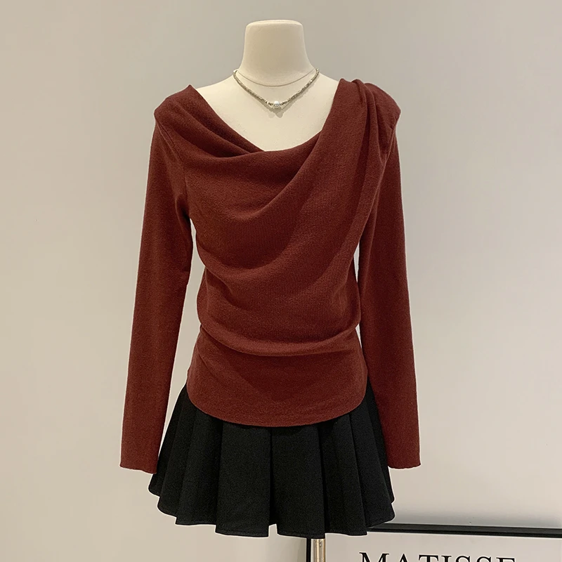 法式安可拉红荡领针织衫长袖2025春季新款内搭毛衣斜肩打底上衣女
