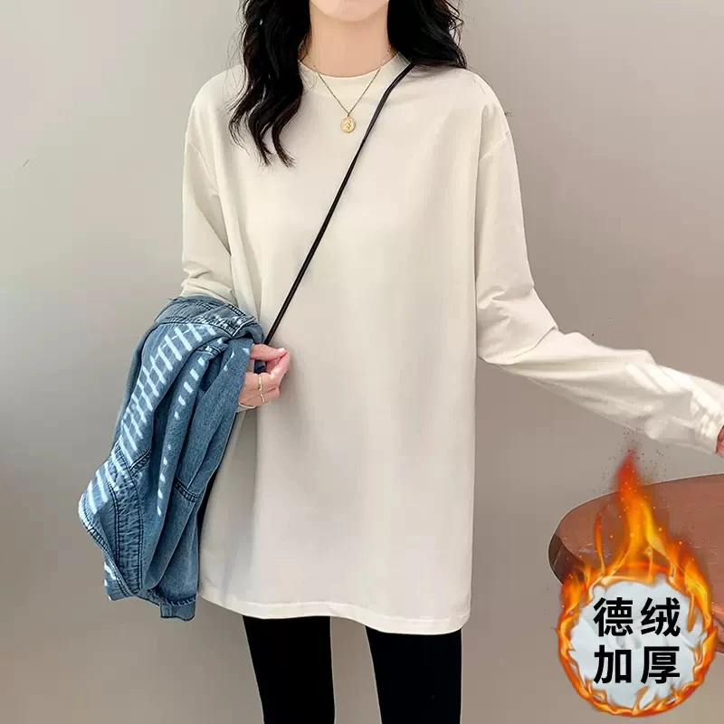 德绒圆领宽松保暖大白T打底衫女装内搭秋冬加厚显瘦长款遮臀上衣