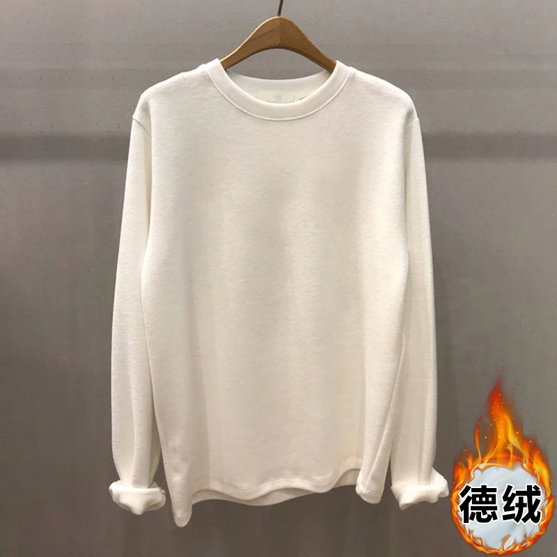 白色磨毛加厚长袖t恤女秋冬洋气百搭上衣宽松纯棉百搭德绒打底衫