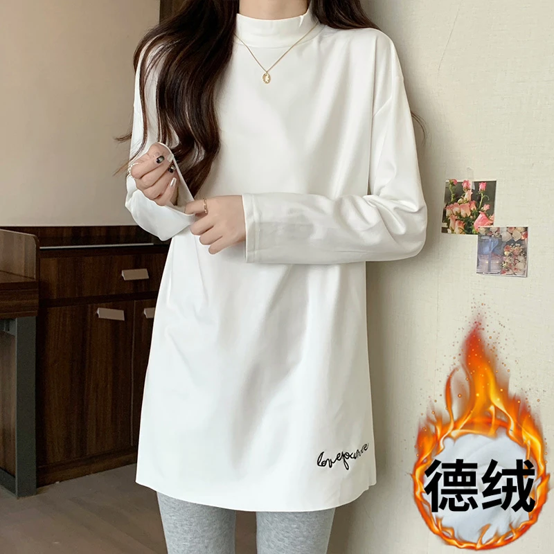 半高领德绒打底衫女秋冬新款加绒加厚内搭中长款搭配鲨鱼裤的上衣